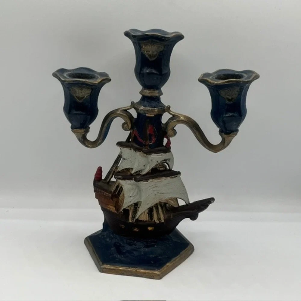 Vintage Nautical Sailing Ship Cast Metal Candelabra 3Arm Candle Holder Blue Gold